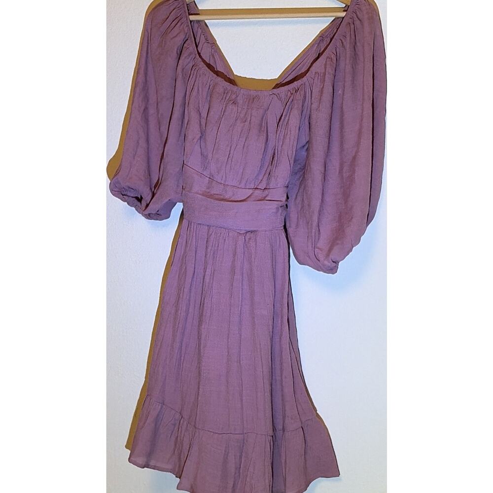 Boho Solid Short A-Line Dress Square Neck Puff 3/4 Sleeve Smocked Backless L